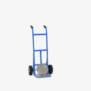 Mini metal dolly with blue painted frame, black rubber grip handles, and smooth-rolling wheels, measuring 4.25 inches tall and 1.75 inches wide—perfect for dioramas and miniature displays
