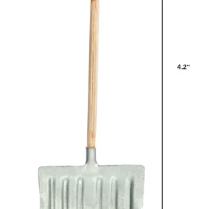 Miniature snow shovel with a metal blade and wooden handle, measuring 4.2 inches long and 1.5 inches wide—ideal for dioramas and winter-themed displays.