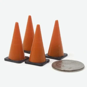 Set of four G Scale (1:24) traffic cones made of molded plastic, measuring 0.5 inches wide and 1.25 inches tall—perfect for dioramas, model railways, and creative displays